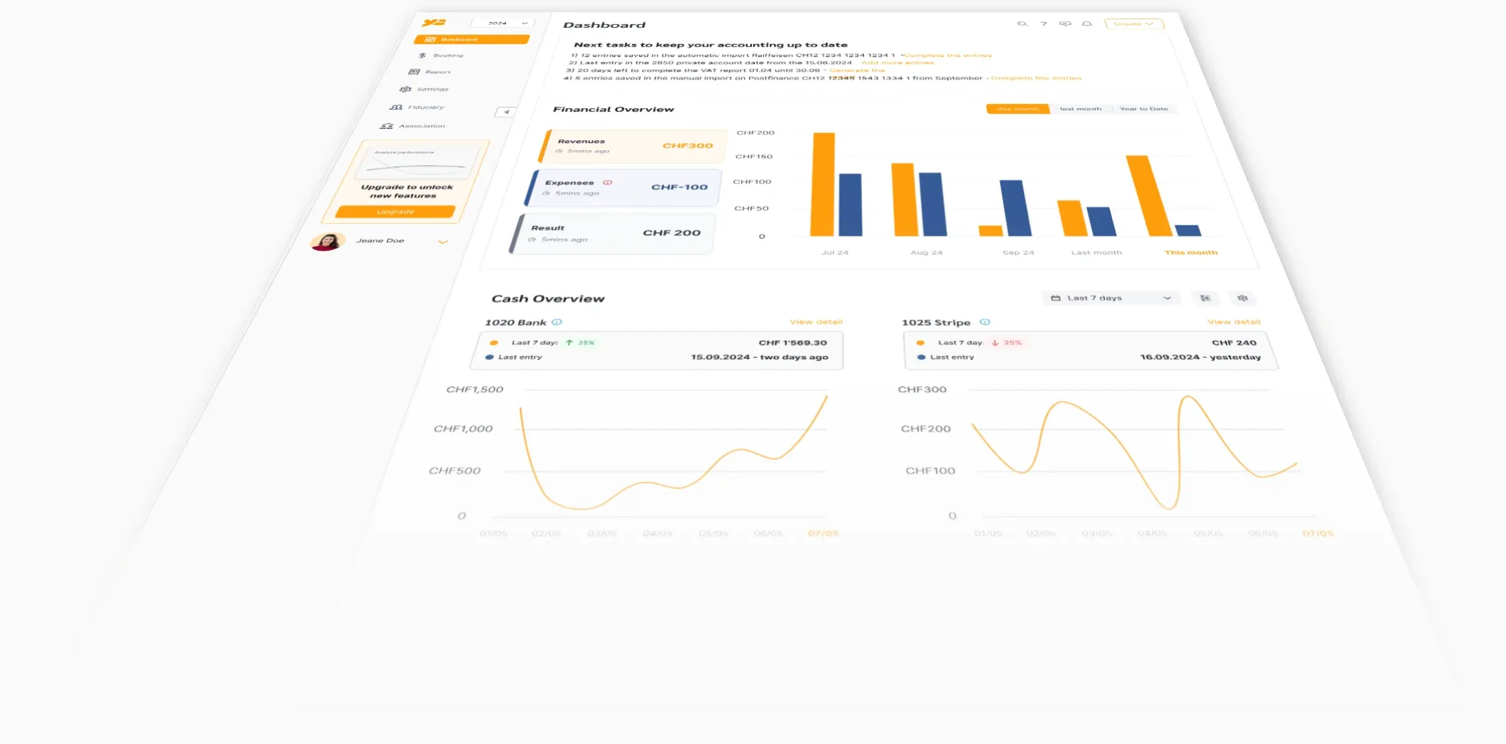 Le tableau de bord YESbusiness : la liste des prochaines tâches comptables, un aperçu financier des revenus, des dépenses et du résultat, et des graphiques de trésorerie pour chaque compte bancaire.