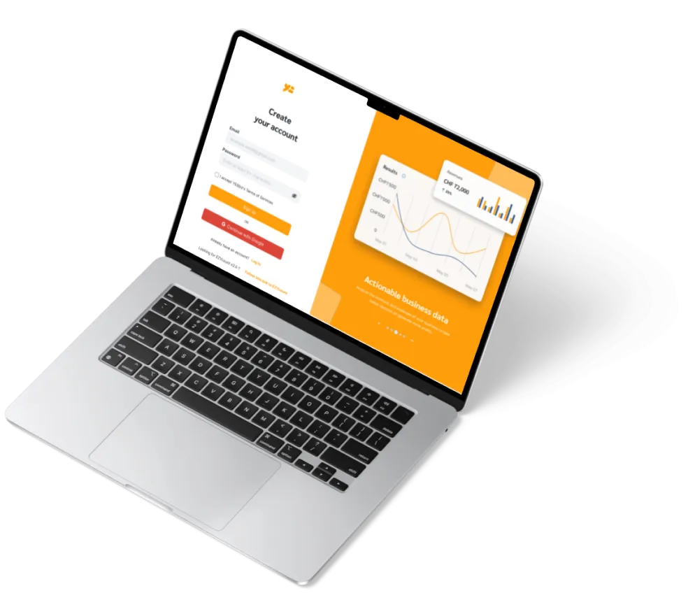 L'application YESbusiness ouverte sur un ordinateur portable, sur l'écran de création de compte.